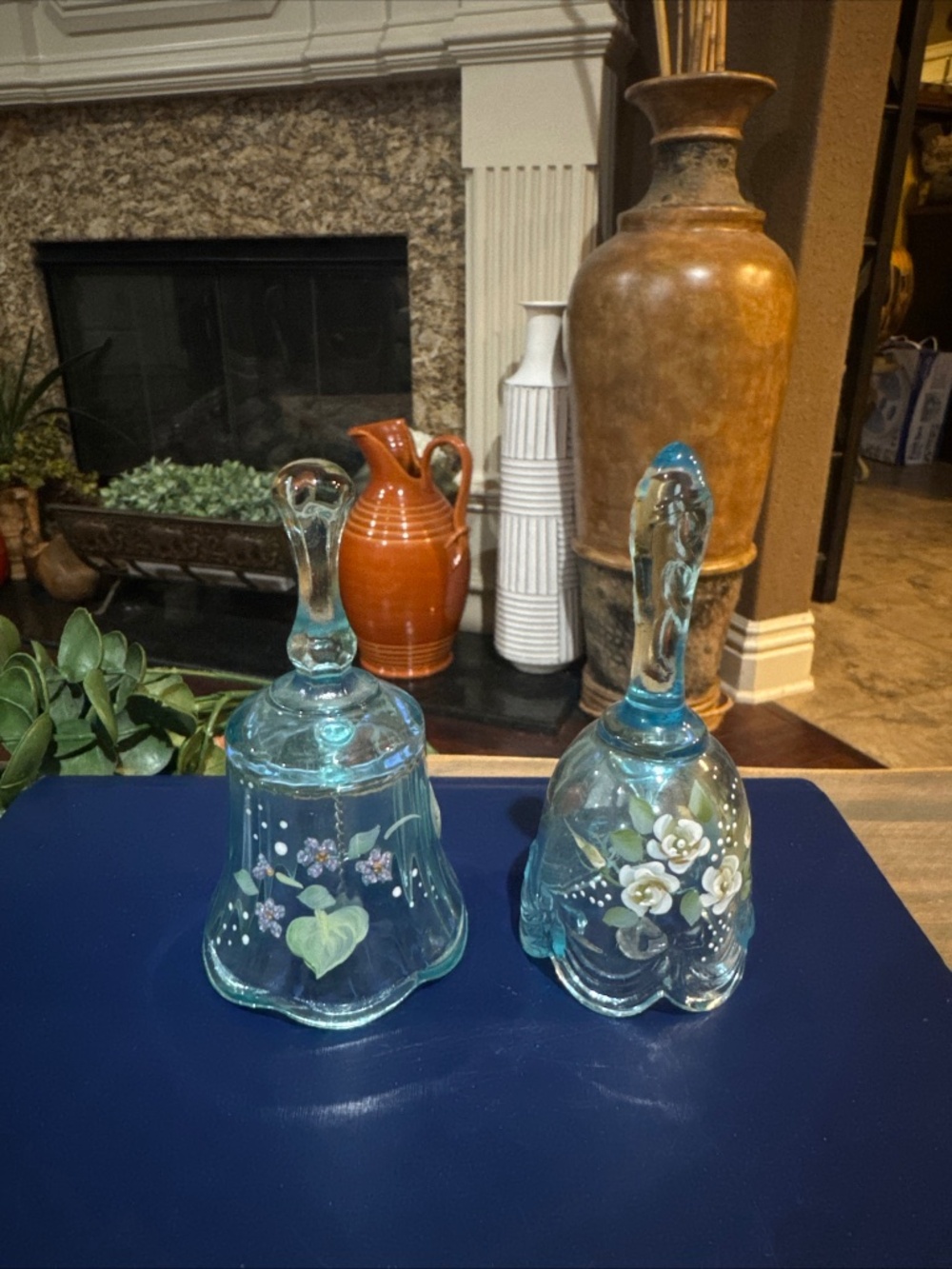2 VTG Fenton Satin Glass Hand Painted Bells, Signed By G. Fenton & C. Smith. 4”T